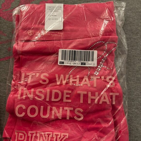 NWT Victoria’s Secret PINK Foldover Flare Leggings Carmine Rose Rhinestone Bling - Picture 8 of 8